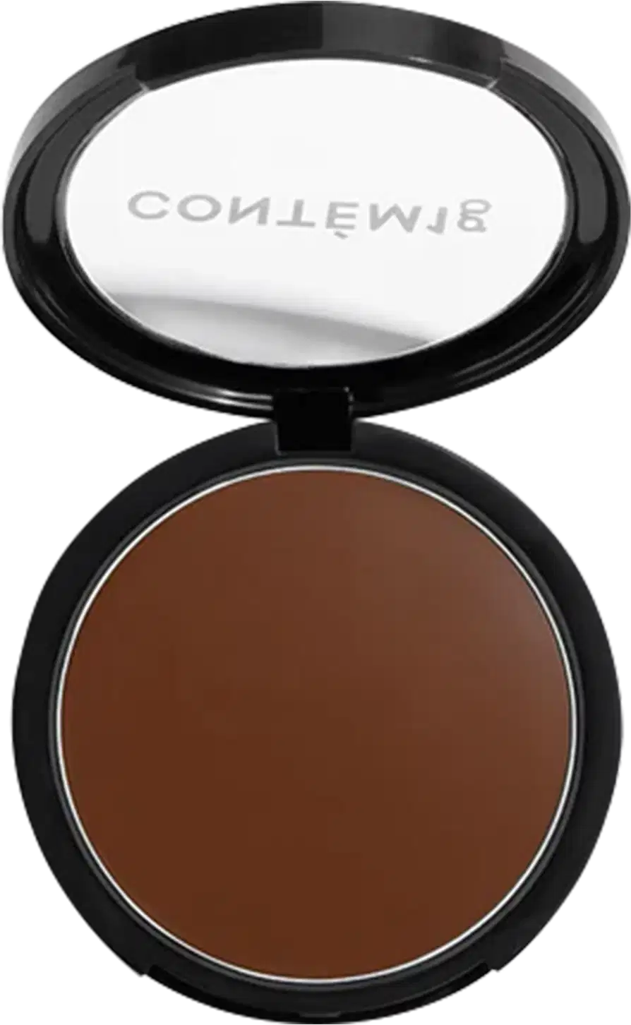 A imagem mostra uma embalagem aberta de bronzer cremoso. A embalagem é preta com parte transparente e o logo da marca em branco.