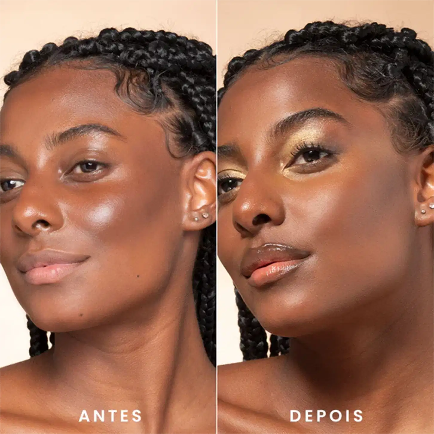 A imagem mostra um antes e depois de uma modelo usando o bronzer.