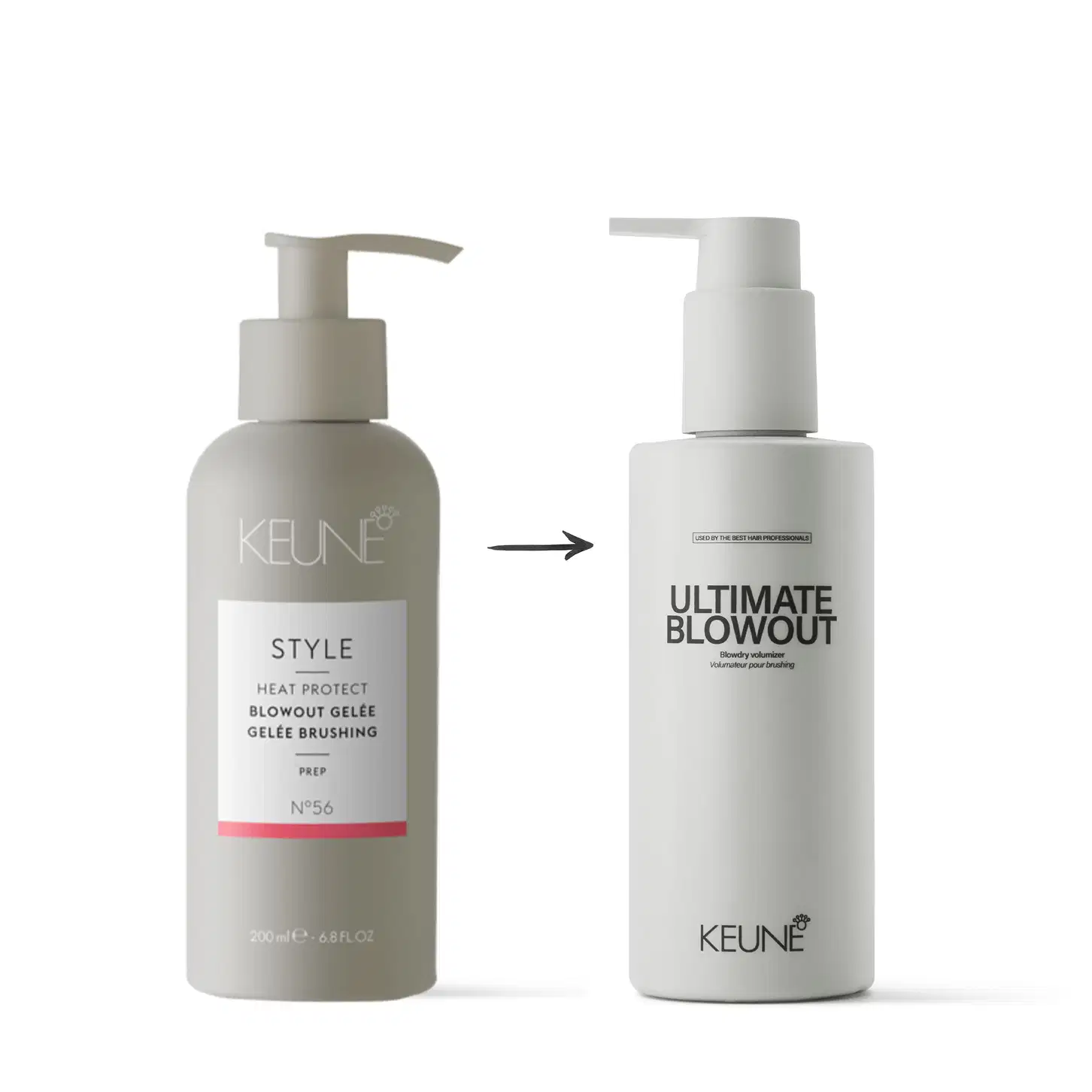 A imagem mostra dois produtos da marca Keune e uma seta entre eles destacando a substituição: o frasco à esquerda é o "Style Heat Protect Blowout Gelée" e o frasco à direita é o "Ultimate Blowout".