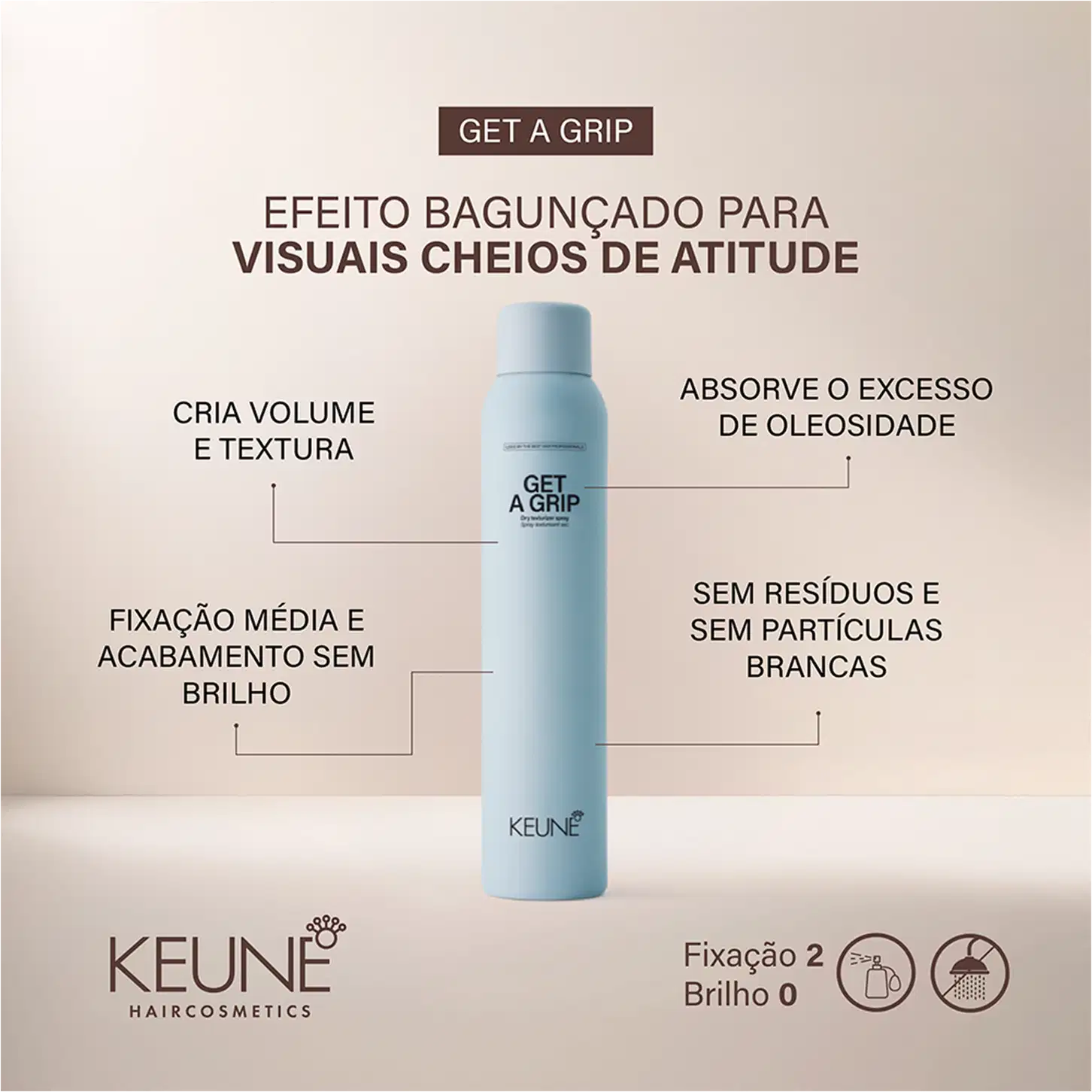 A imagem mostra o produto "Get a Grip" da Keune e ao redor texto: "efeito bagunçado para visuais de atitude", "cria volume e textura", "absorve o excesso de oleosidade", "fixação média e acabamento sem brilho" e "sem resíduos e sem partículas brancas".