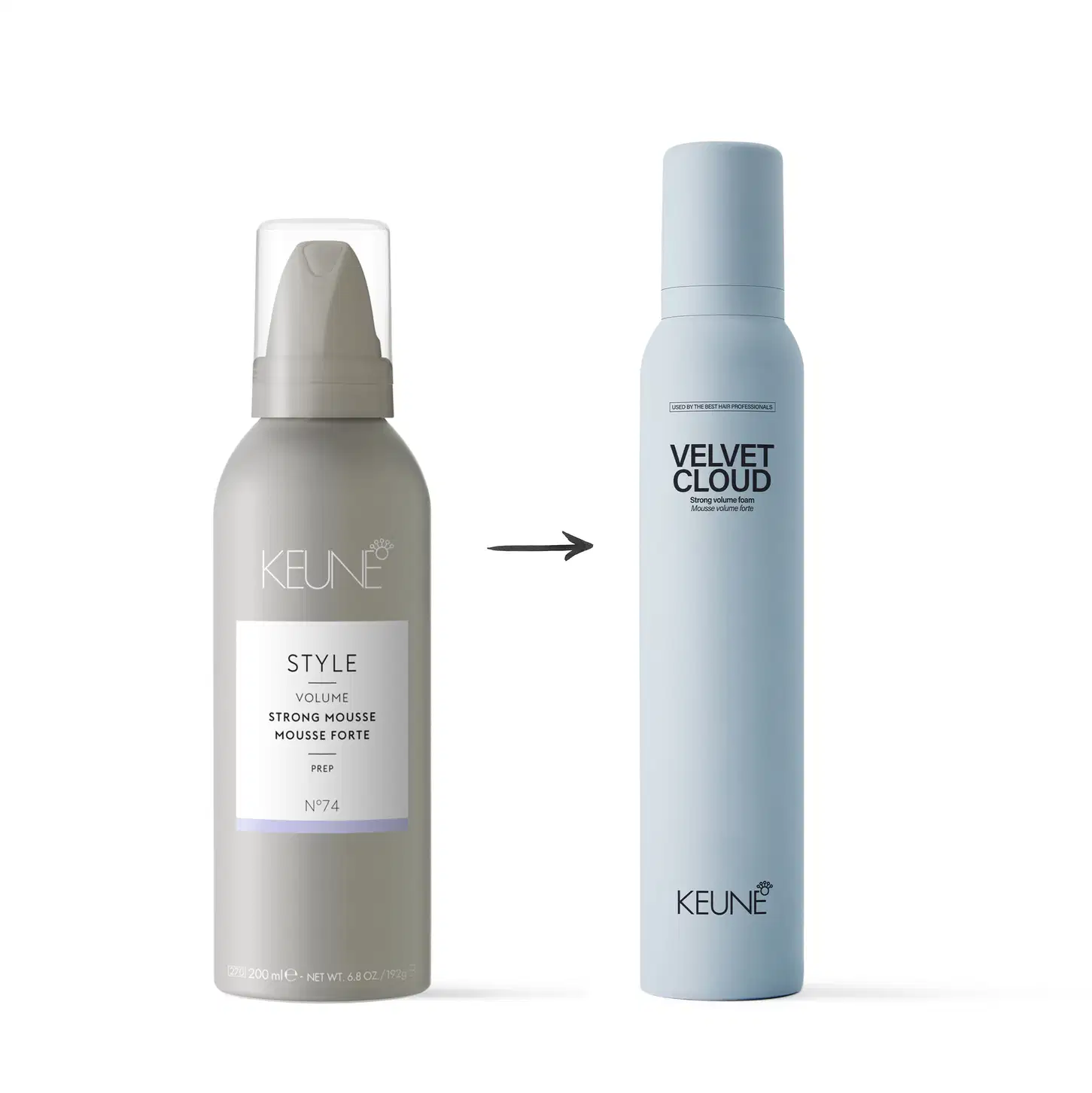 A imagem mostra dois produtos da marca Keune. À esquerda, Style Volume Strong Mousse. À direita, "Velvet Cloud". Uma seta entre eles indica semelhança ou substituição dos produtos