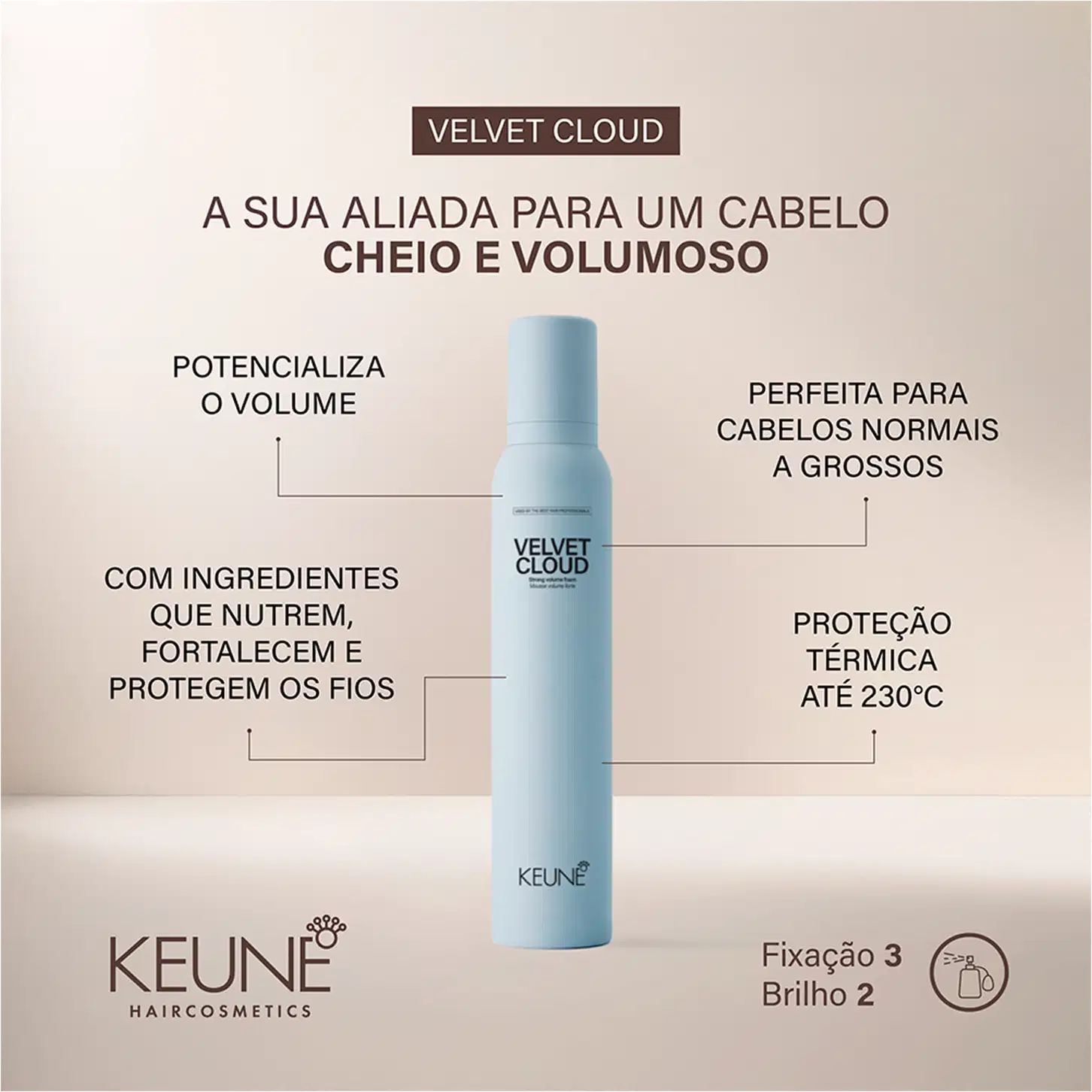 A imagem mostra o produto Velvet Cloud e os textos: "potencializa o volume", "perfeita para cabelos normais a grossos", "com ingredientes que nutrem, fortalecem e protegem os fios" e "proteção térmica até 230°C".
