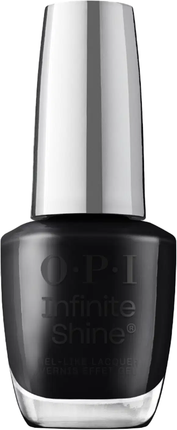Frasco de esmalte OPI Infinite Shine, com design elegante e moderno em preto e prata, na versão cor Black Onyx