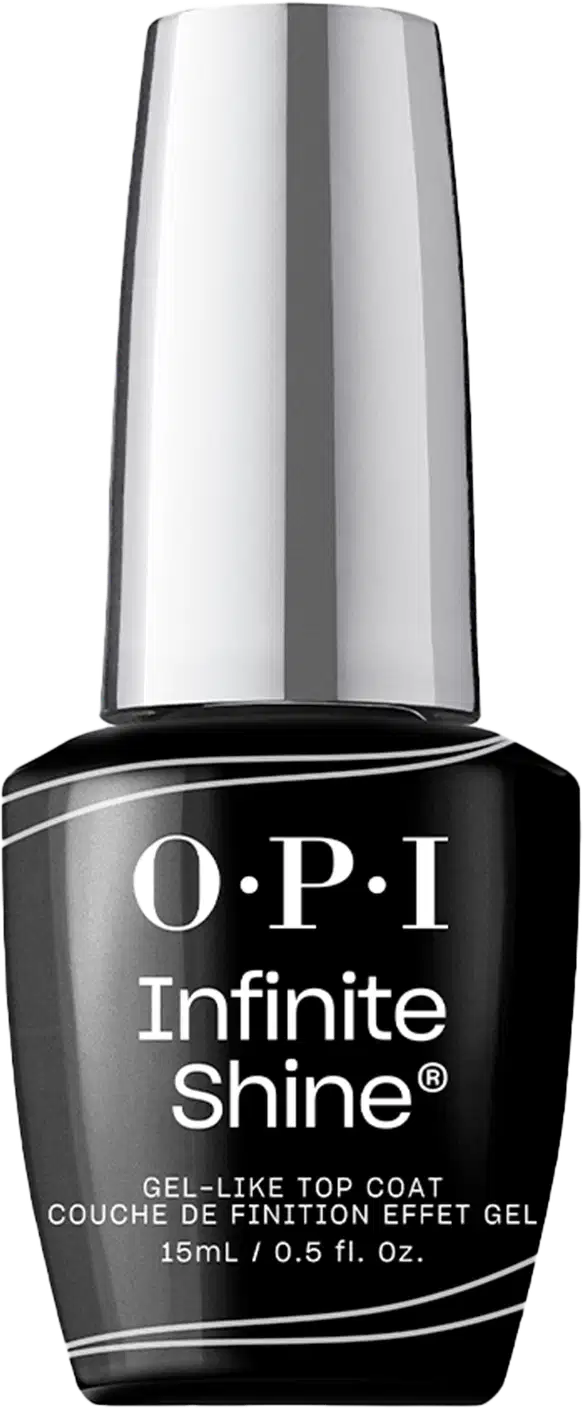 OPI Infinite Shine, um esmalte de unhas top coat de efeito gel. Embalagem em frasco de vidro com tampa prata. Rótulo preto na base com o logotipo OPI e o nome "Infinite Shine Gel-Like Top Coat" em letras brancas.