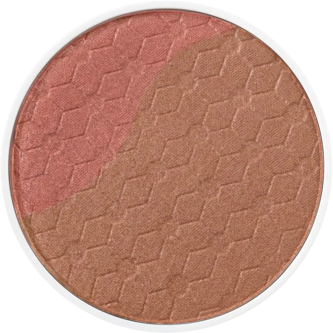 Blush em Pó Multifuncional. A embalagem é redonda. A cor do produto é um tom rosado terroso com uma textura levemente cintilante e padrão rendado visível. O produto pertence à linha de maquiagem Care Natural Beauty.