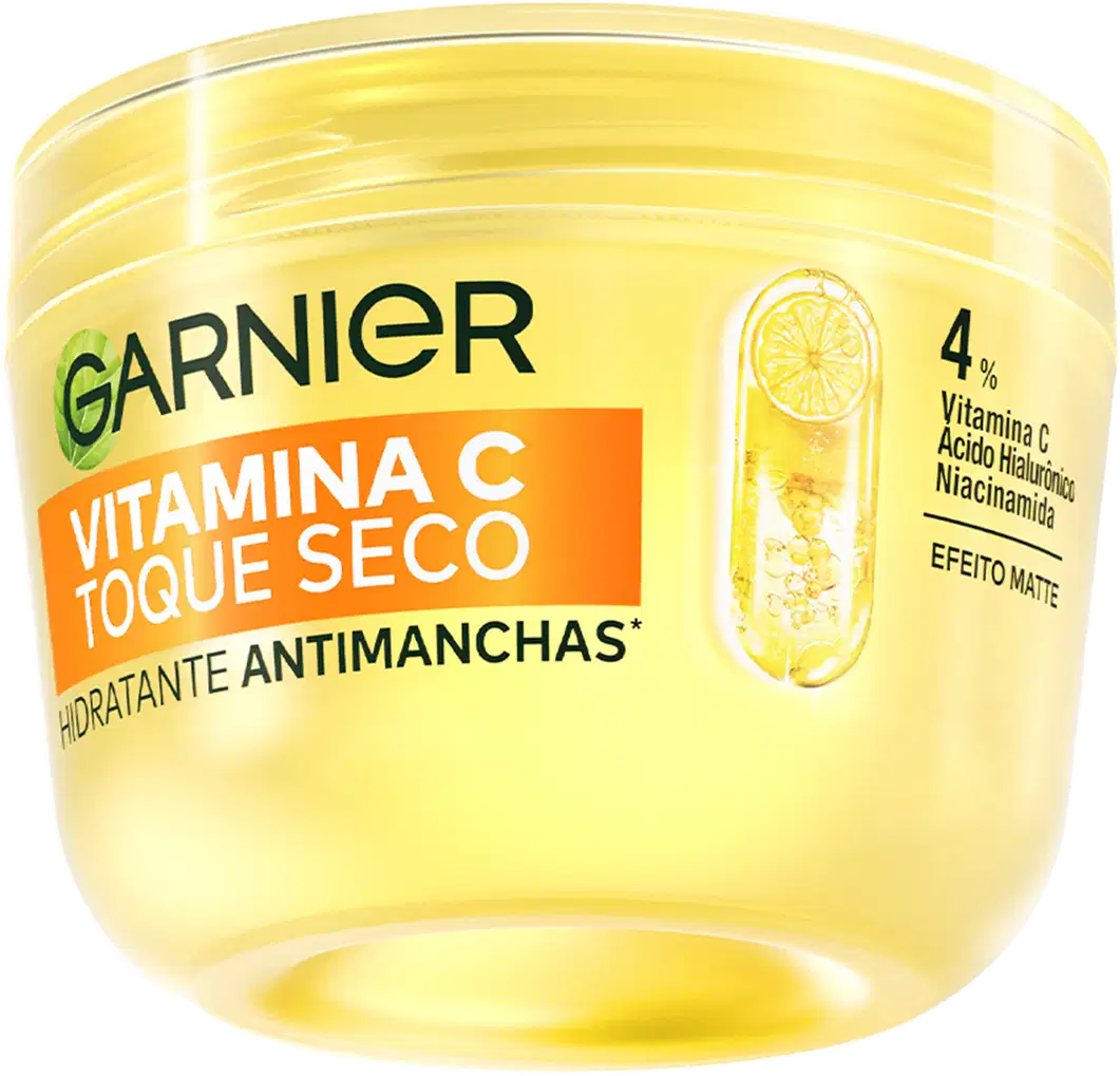 Hidratante Facial Garnier Toque Seco Antimanchas 85g em pote redondo amarelo.