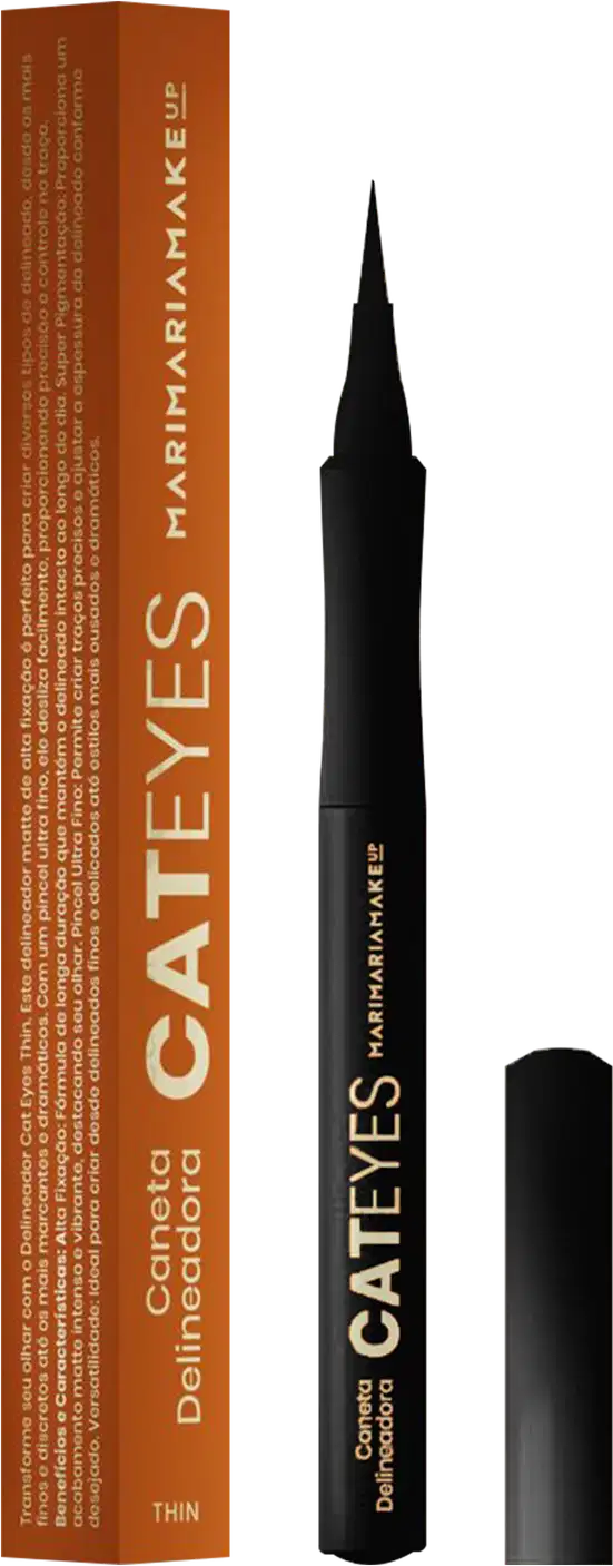 Caixa laranja e tubo preto de produto de maquiagem da marca Mari Maria, com texto "Cat eyes" e "Mari maria makeup" visíveis. O produto parece ser um delineador ou lápis para os olhos, com formato fino e pontudo.