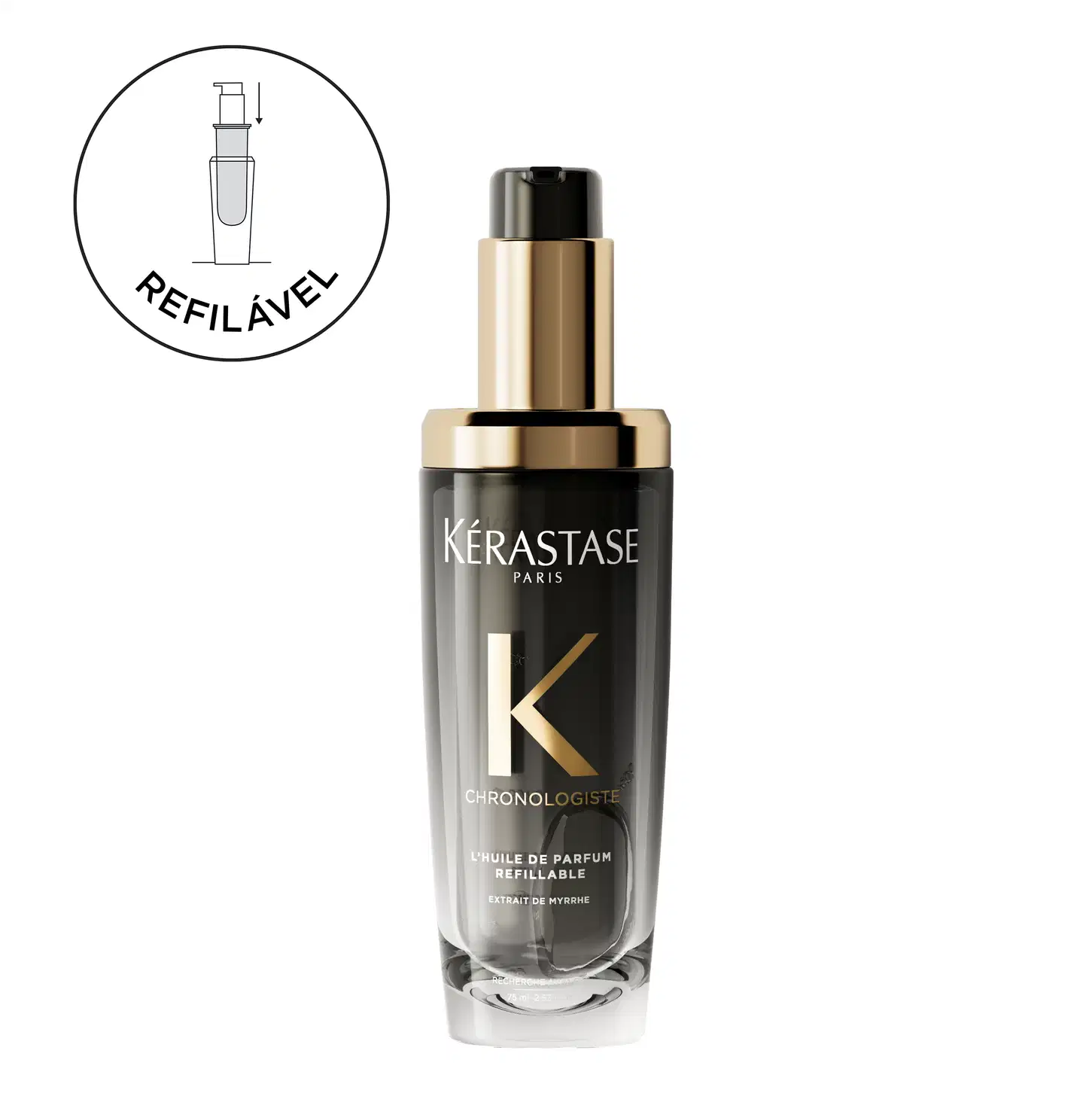 Frasco de tratamento capilar Kérastase com embalagem branca e preta, contendo produto para cabelos lisos e brilhantes. Apresenta design elegante e minimalista, com destaque para o nome da marca.