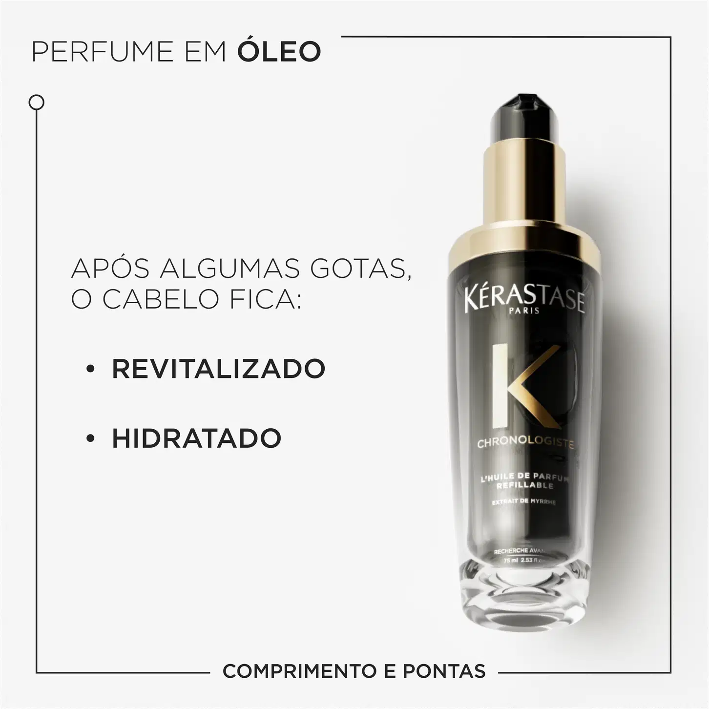 Frasco de perfume em óleo da marca Kérastase, com design elegante em preto e dourado. Rótulo indica que o produto revitaliza e hidrata o cabelo após algumas gotas. Embalagem com informações sobre os benefícios do produto.