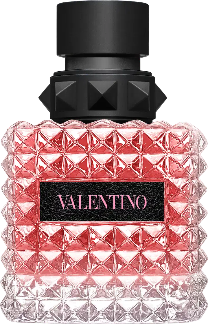 Frasco de perfume Valentino com design geométrico em vidro rosa e detalhes em preto, contendo o nome da marca em destaque.