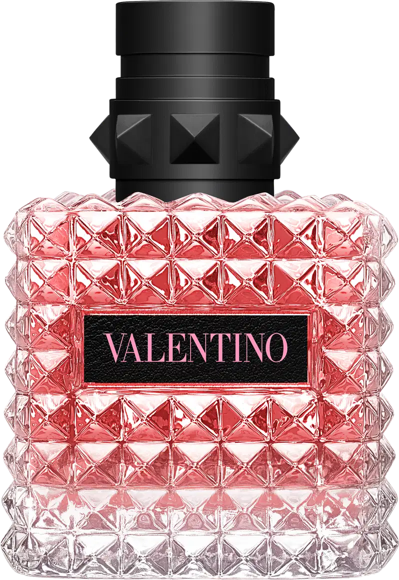Frasco de perfume Valentino em formato geométrico, com tampa preta e corpo de vidro rosa brilhante, exibindo o nome da marca em destaque.