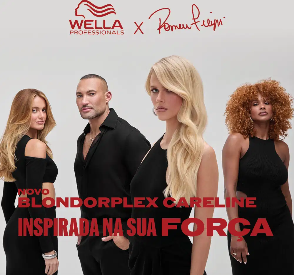 A imagem apresenta um grupo de quatro pessoas, incluindo dois homens e duas mulheres, vestidos com roupas pretas em um fundo branco.
