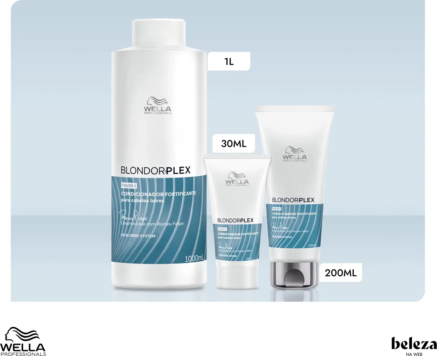 Produtos da linha Blondorplex da Wella Professionals, incluindo um frasco de 1L, um tubo de 30ml e um frasco de 200ml, com embalagens em tons de azul e branco, destacando o nome da linha e informações sobre o produto.