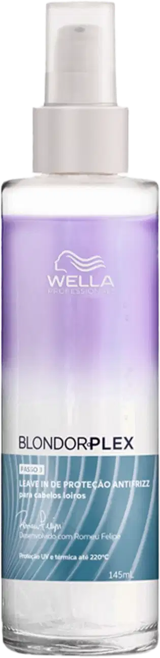 Frasco de spray da linha Blondorplex da Wella Professionals, com fórmula para proteção anti-frizz para cabelos loiros. Embalagem de plástico branco com detalhes em roxo e azul, contendo 145ml do produto.