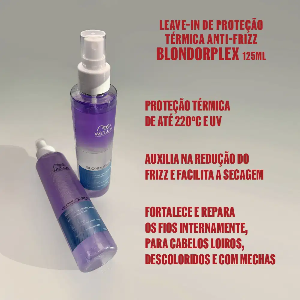 Frasco de spray da linha Blondorplex da Wella Professionals, com fórmula para proteção anti-frizz para cabelos loiros. Embalagem de plástico branco com detalhes em roxo e azul, contendo 145ml do produto.