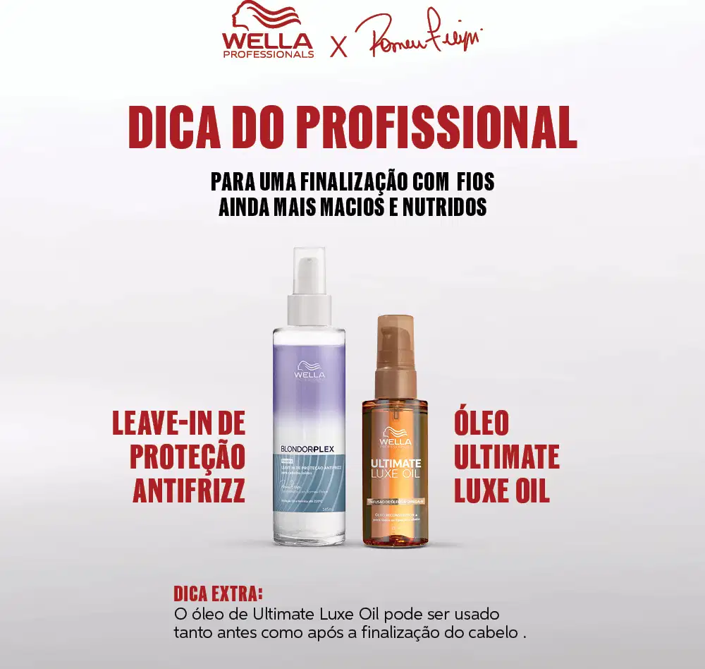 Imagem mostra dois produtos da linha Wella Professionals: um frasco de leave-in de proteção antifrizz Blondorplex e um frasco de óleo Ultimate Luxe Oil.