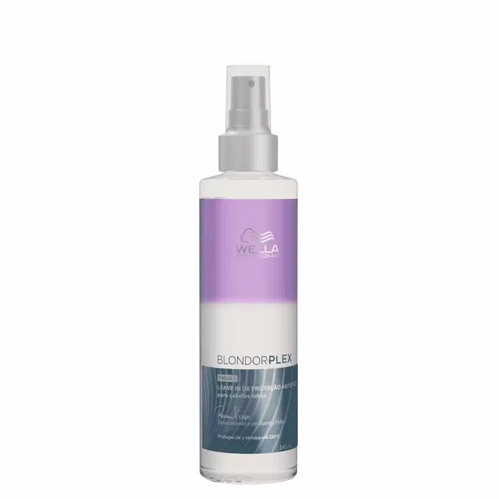 Frasco de spray da linha Blondorplex da Wella Professionals, com fórmula para proteção anti-frizz para cabelos loiros. Embalagem de plástico branco com detalhes em roxo e azul, contendo 145ml do produto.