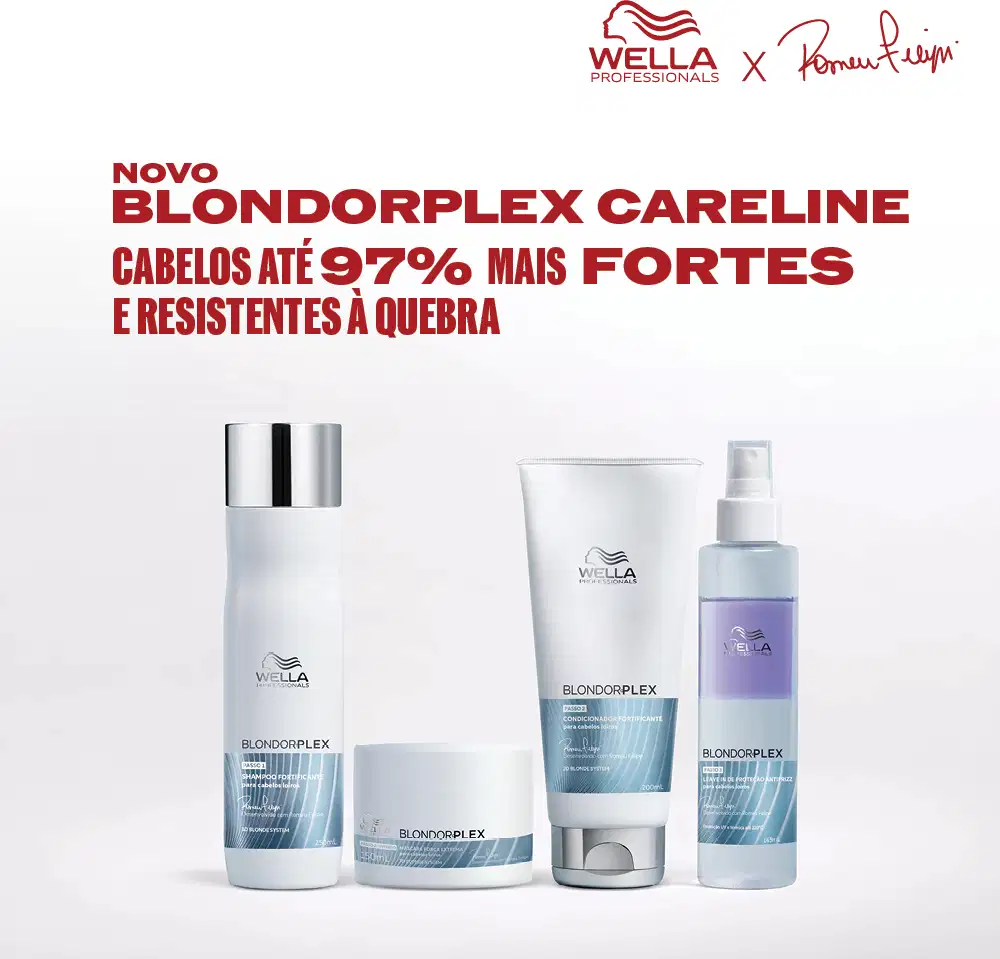 A linha de produtos Blondorplex da Wella Professionals, com embalagens em tons de azul e branco, promete cabelos até 97% mais fortes e resistentes à quebra.