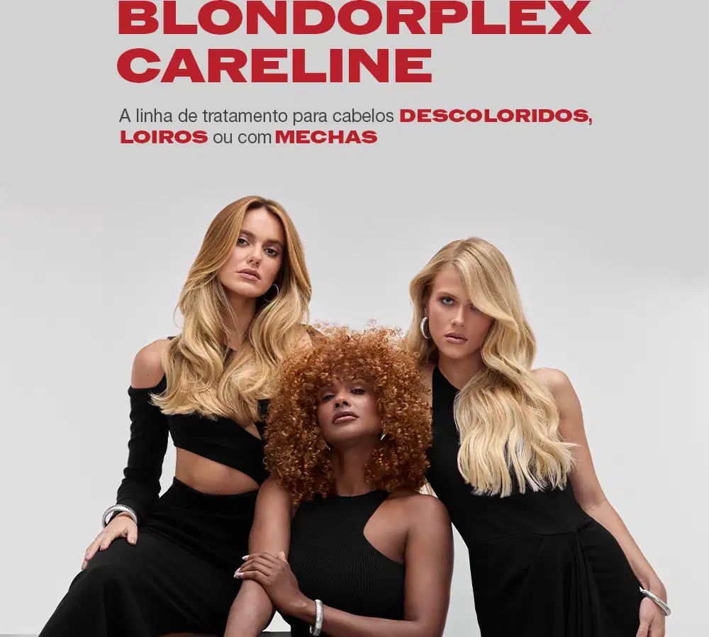 A linha de tratamento para cabelos descoloridos, loiros ou com mechas, da marca Blondorplex Careline, apresentada em um ambiente minimalista com três modelos de cabelos loiros e cacheados.