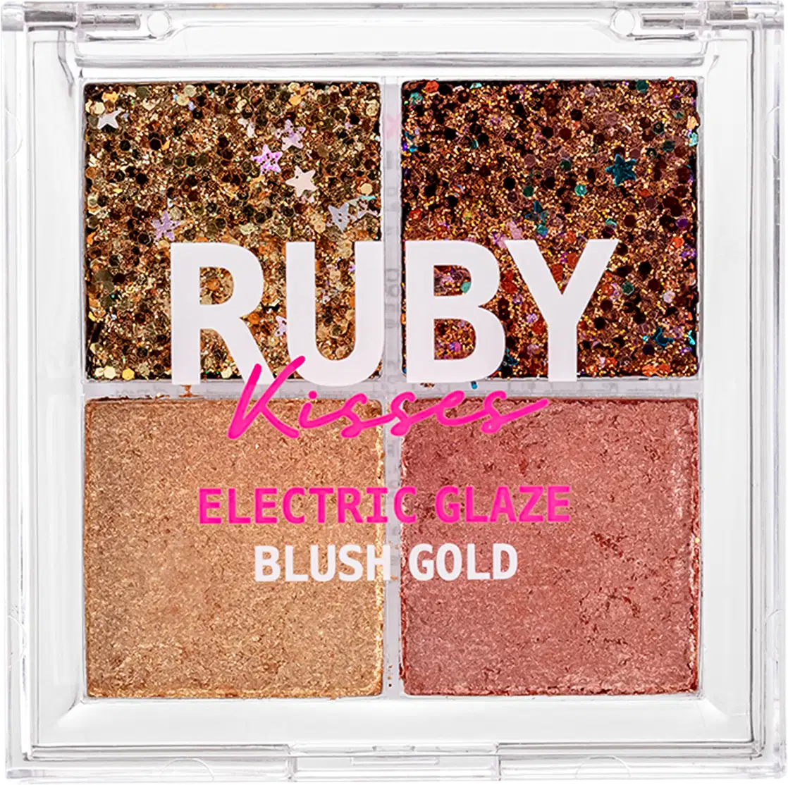 Paleta de Sombra Ruby Kisses Electric Glaze Blush Gold com tons dourados.