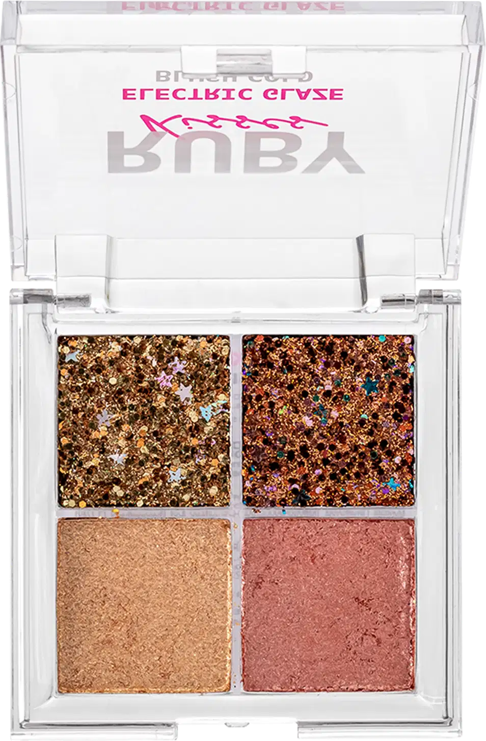 Paleta de Sombra Ruby Kisses Electric Glaze Blush Gold com tons dourados.