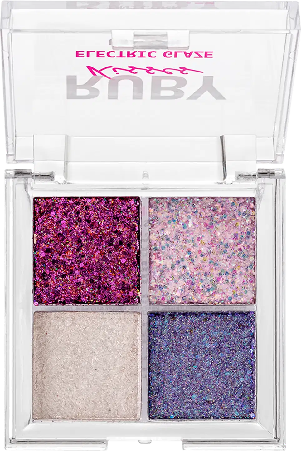 Paleta de Sombras Ruby Kisses Electric Glaze Unicorn com tons rosados e azul.