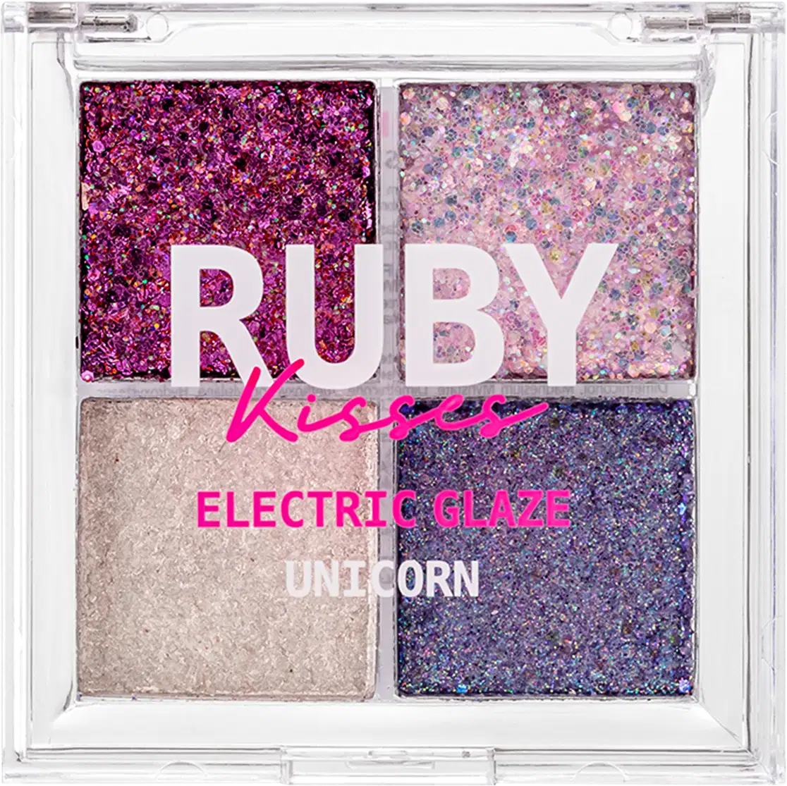 Paleta de Sombras Ruby Kisses Electric Glaze Unicorn com tons rosados e azul.