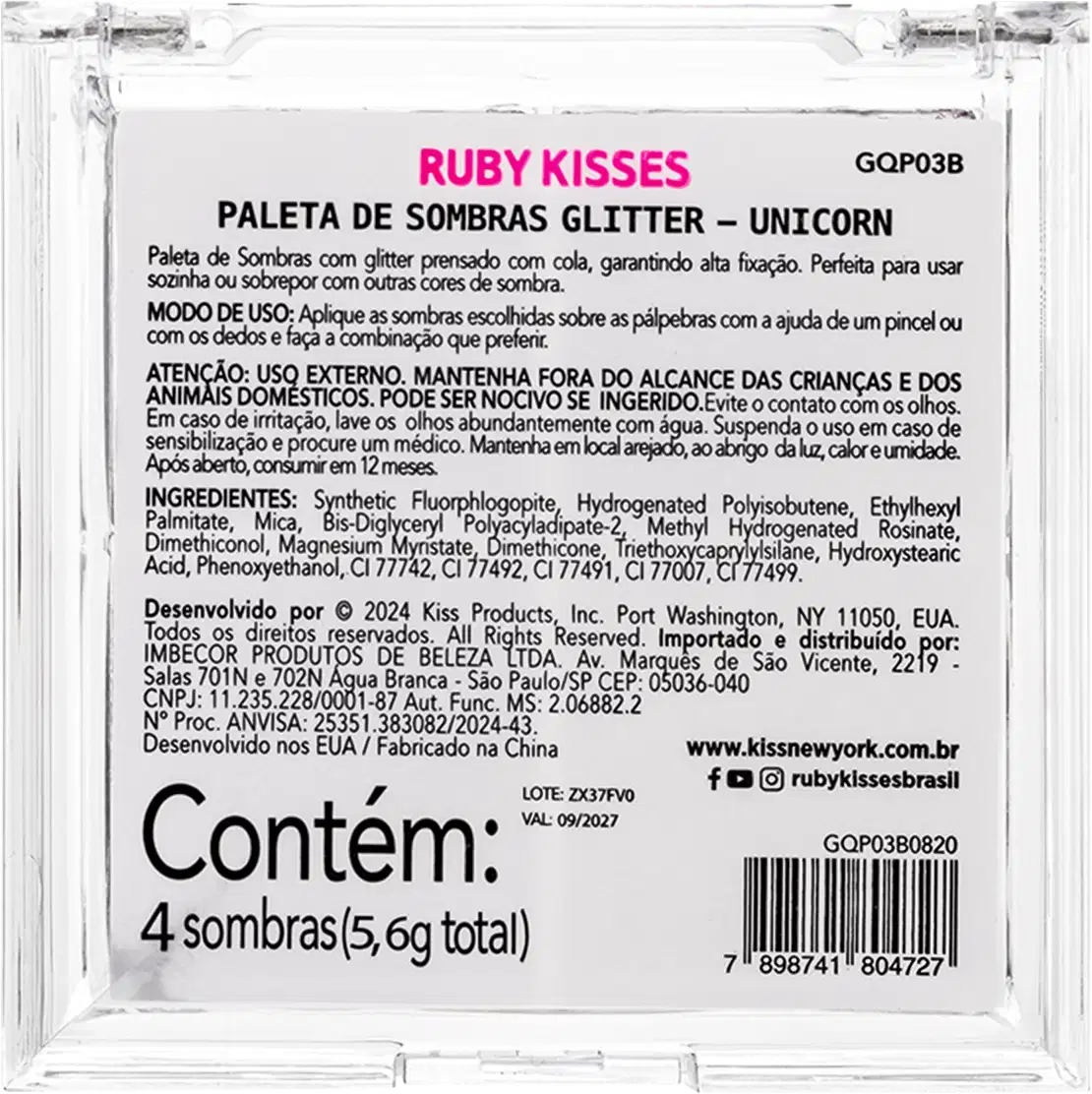 Paleta de Sombras Ruby Kisses Electric Glaze Unicorn com tons rosados e azul.