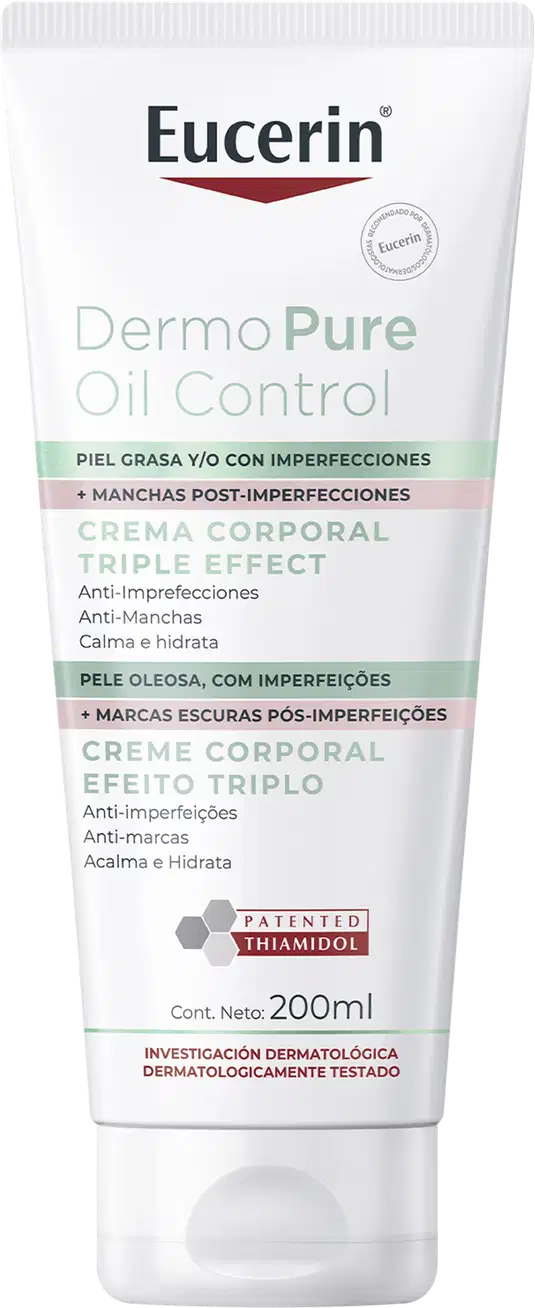 Eucerin Dermo Pure Oil Control, um creme corporal em embalagem branca com detalhes em vermelho e verde, projetado para pele oleosa com imperfeições e manchas pós-acne.