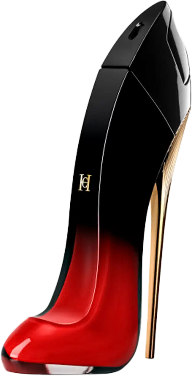 Very Good Girl Elixir Eau de Parfum Carolina Herrera, frasco em formato de salto alto com degradê preto e vermelho intenso.