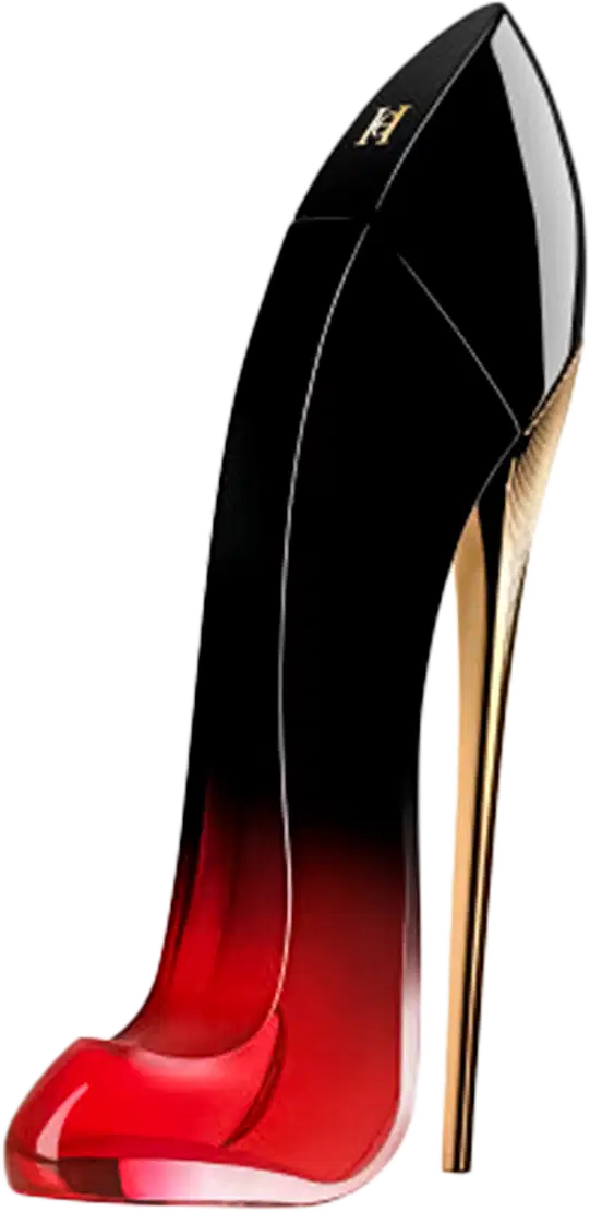Very Good Girl Elixir Eau de Parfum Carolina Herrera, frasco em formato de salto alto com degradê preto e vermelho intenso.