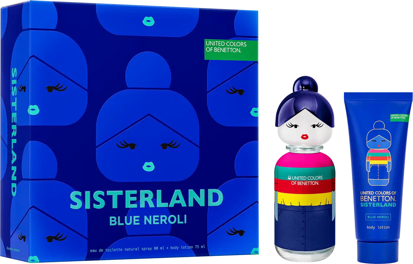 Conjunto da linha Sisterland da Benetton, composto por um frasco de perfume e um tubo de loção corporal. O frasco de perfume tem um design arredondado e colorido, de uma boneca. A embalagem externa é uma caixa azul com ilustrações de rostos estilizados.