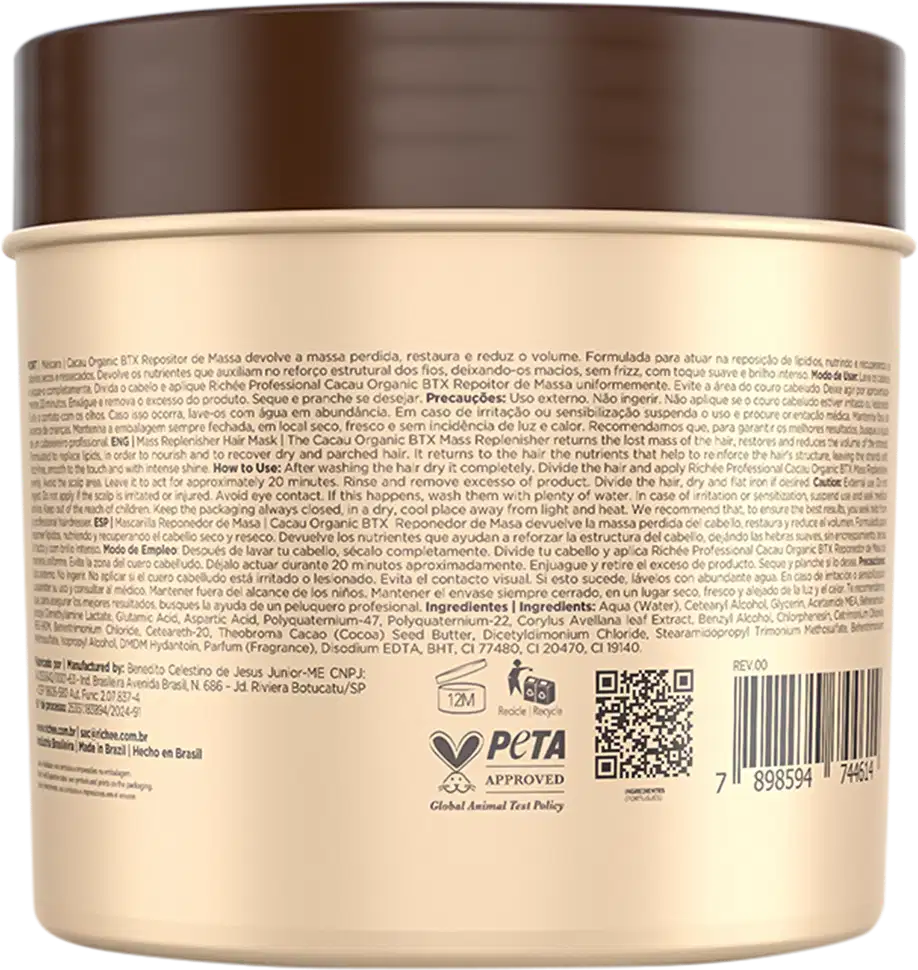Repositor de Massa Capilar Richée Professional Cacau Organic Btx, 500g.