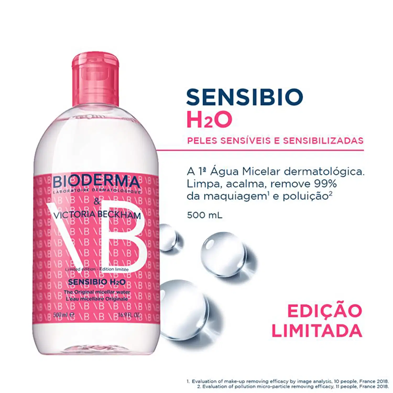 Frasco deBioderma, com rótulo rosa e azul escuro, contendo texto "SENSIBIO H2O" e "PELES SENSÍVEIS E SENSIBILIZADAS", com informações sobre a primeira água micelar dermatológica que limpa, acalma e remove 99% da maquiagem e poluição.