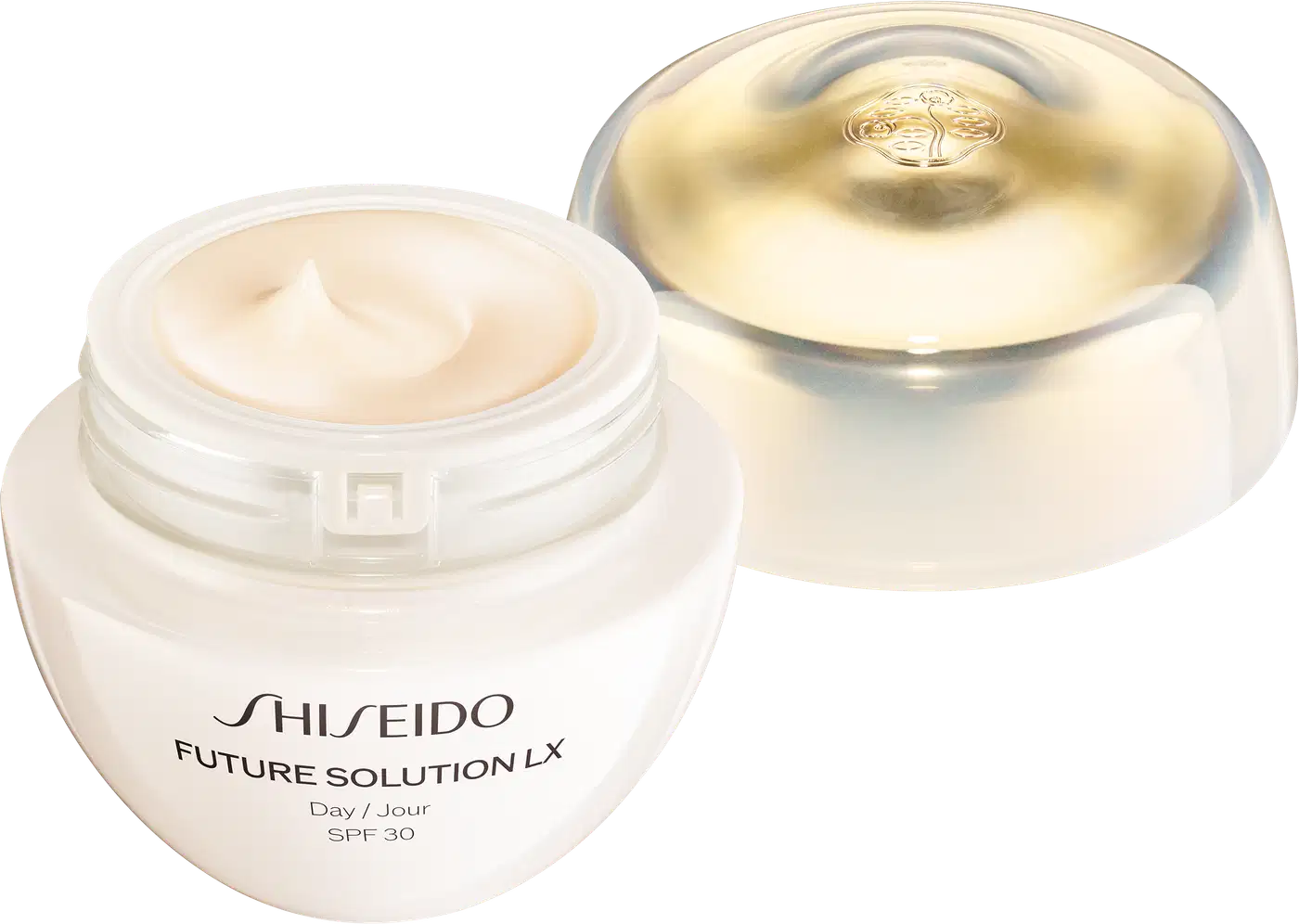 A imagem mostra o produto Shiseido Future Solution LX Total Protective Cream FPS 30 e a tampa ao lado