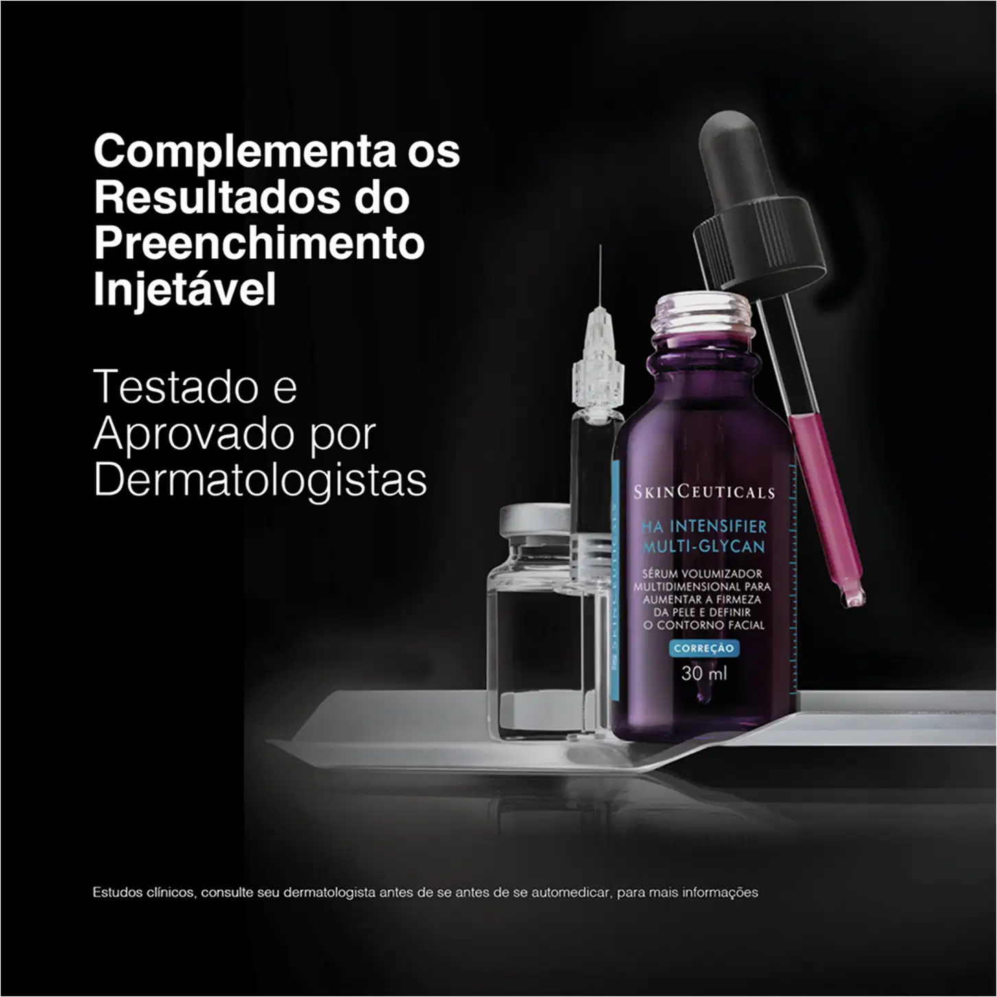 Imagem do sérum HA Intensifier Multi-Glycan. O texto na imagem diz: "Complementa os Resultados do Preenchimento Injetável. Testado e Aprovado por Dermatologistas.!