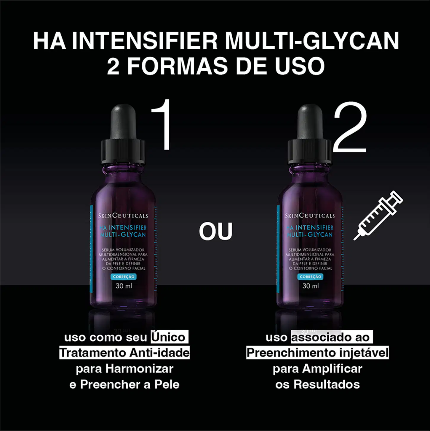 Imagem indica dois modos de uso do sérum HA Intensifier Multi-Glycan da marca SkinCeuticals.