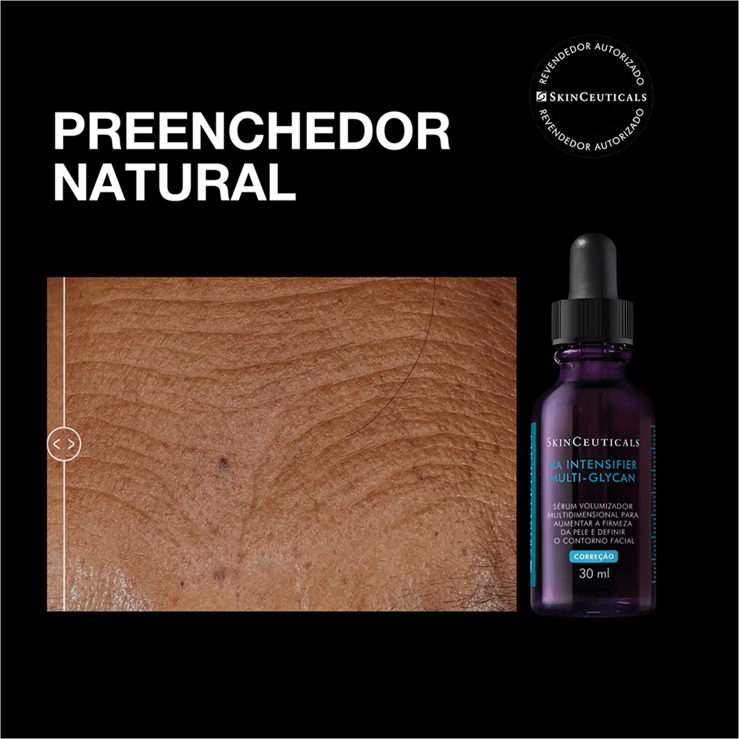 Frasco do sérum HA Intensifier Multi-Glycan da marca SkinCeuticals. Preenchedor natural.