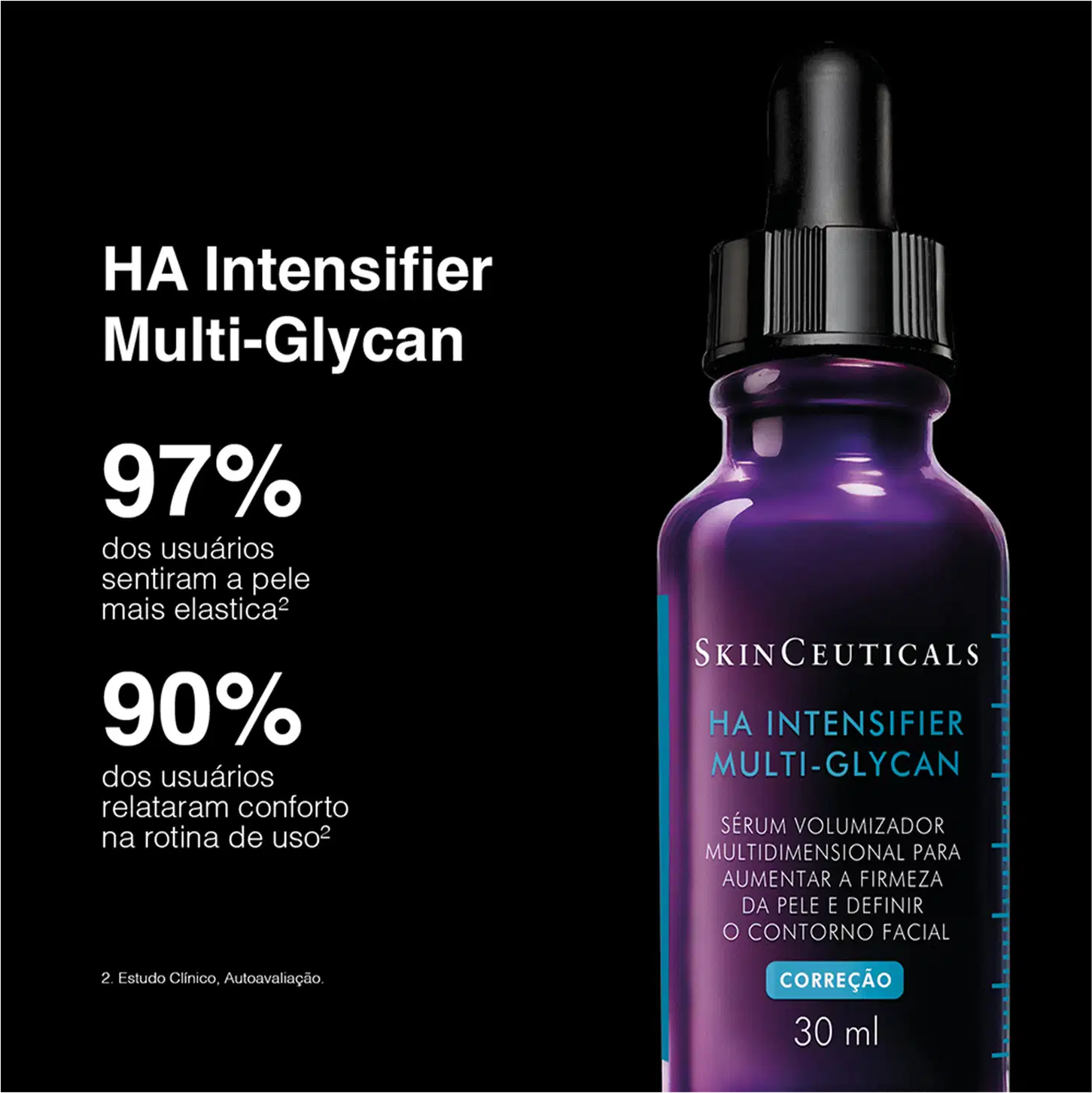 Frasco do sérum HA Intensifier Multi-Glycan da marca SkinCeuticals; 97% dos usuários sentiram a pele mais elástica. 90% dos usuários relataram conforto na rotina de uso.