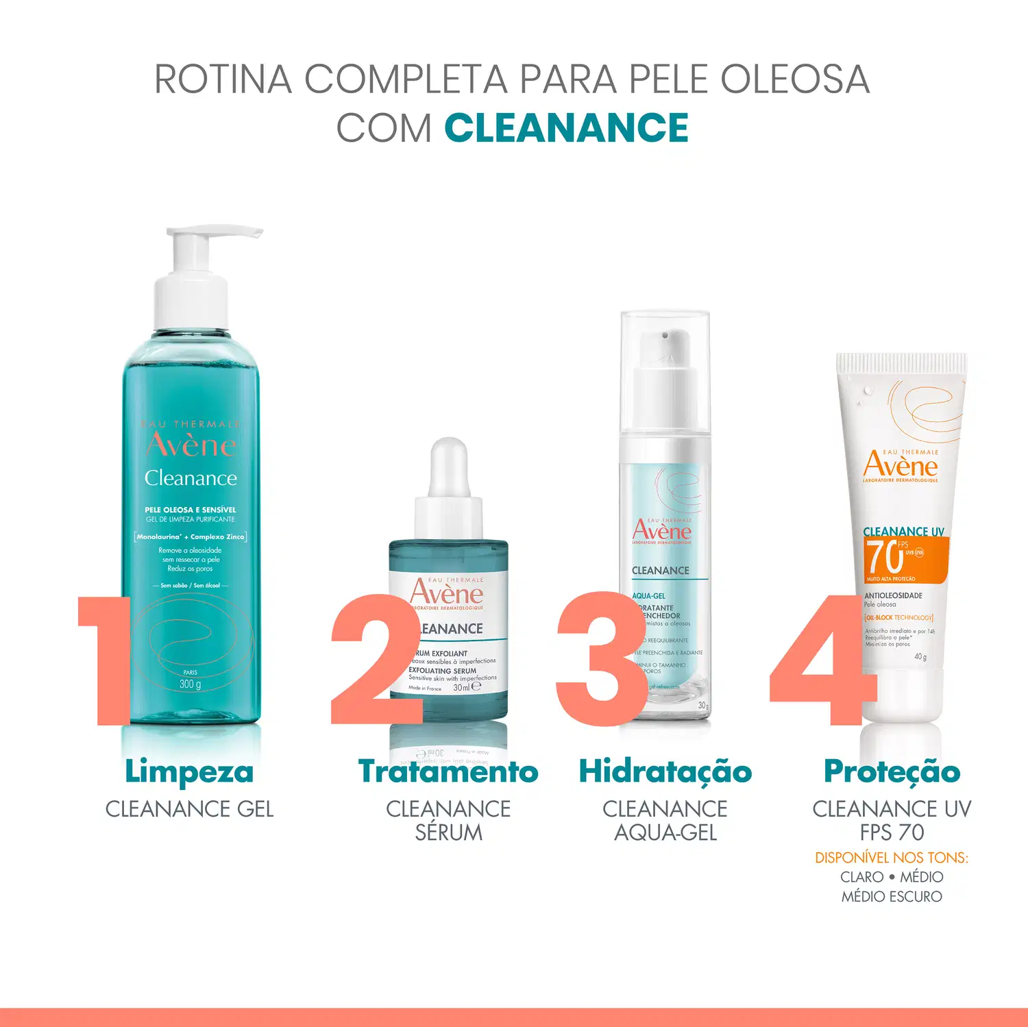 Rotina completa para pele oleosa com Cleanance em 4 passos - limpeza, tratamento, hidratação e proteção