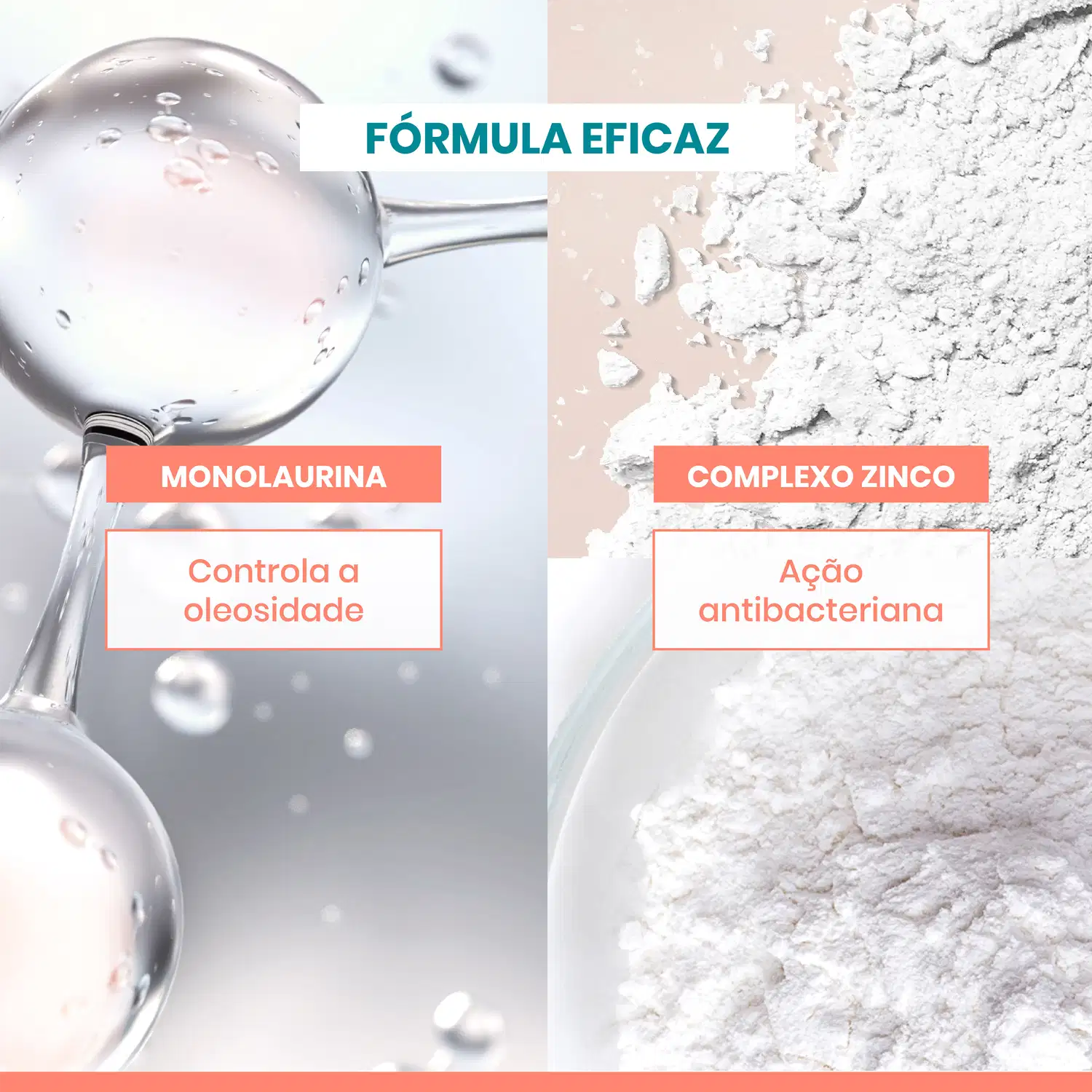 Texto destaca os ativos da fórmula eficaz de Cleanance: "Monolaurina": controla a oleosidade; e "Complexo Zinco" com ação antibacteriana.