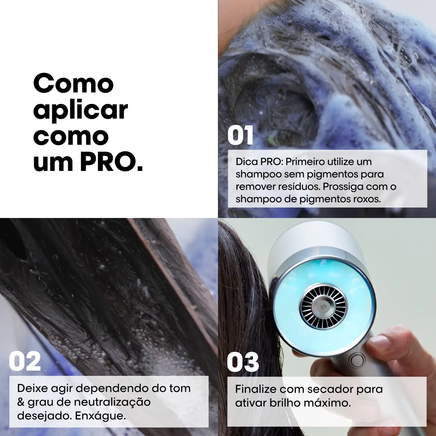 A imagem apresenta um tutorial em três etapas sobre como aplicar o shampoo Purple