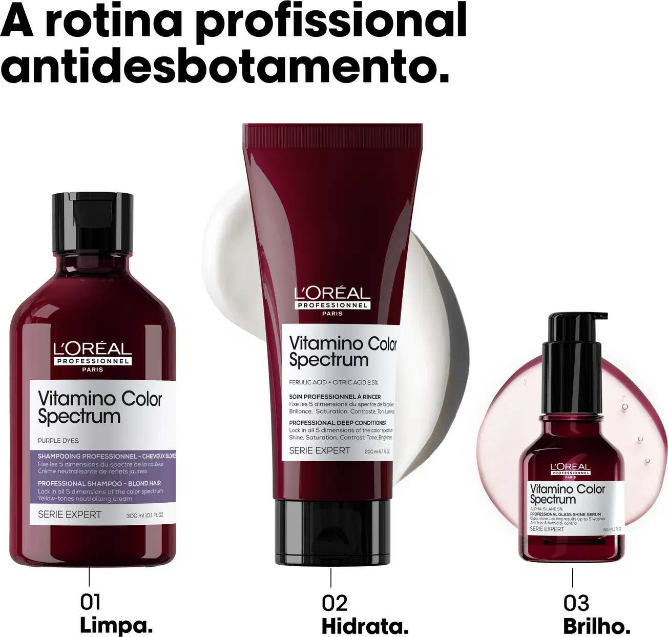 A rotina profissional antidesbotamento: 01 Shampoo - Limpa; 02 Condicionador - Hidrata; 03 Sérum - Brilho.