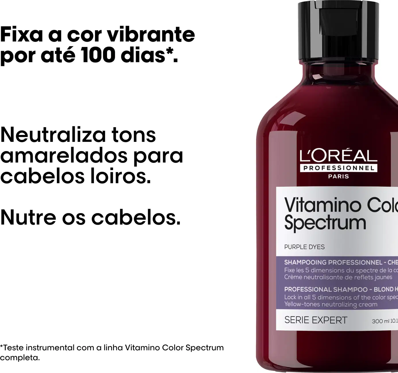 Texto: Fixa a cor vibrante por até 100 dias. Neutraliza tons amarelados para cabelos loiros. Nutre os cabelos.