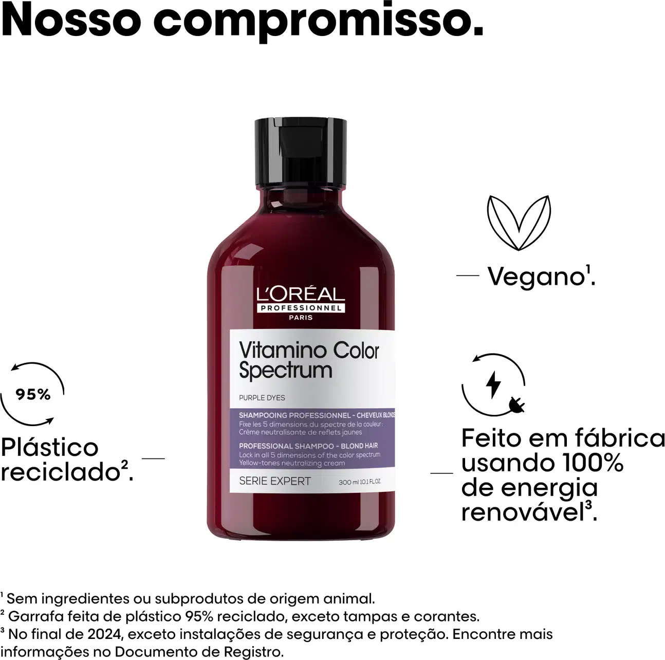 Texto destaca características do produto: livre de sulfato, vegano, utilização de 100% de energia renovável na fabricação e o uso de plástico reciclado
