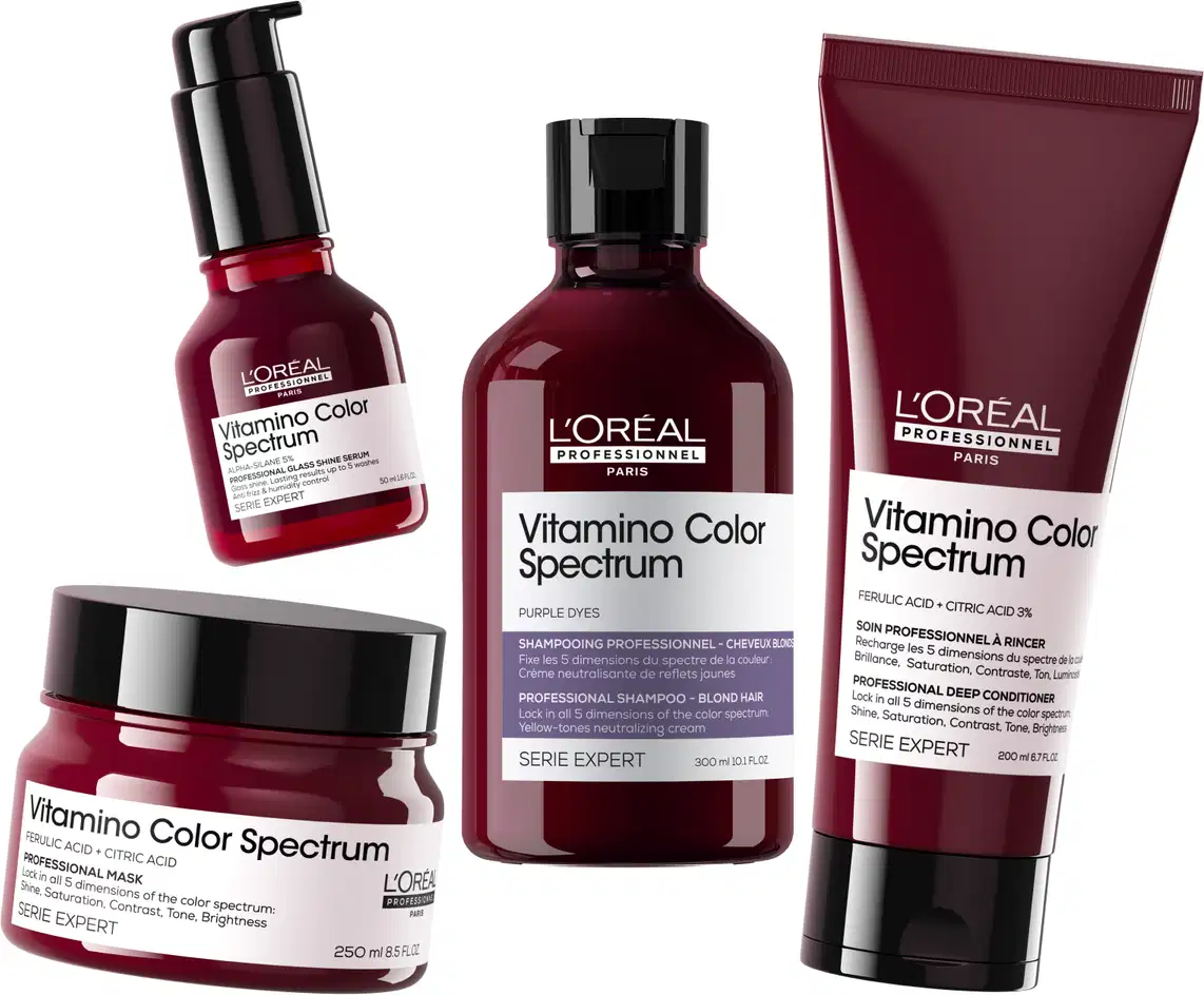 A imagem mostra a linha completa L'Oréal Professionnel Vitamino Color Spectrum com shampoo, condicionador, máscara e sérum
