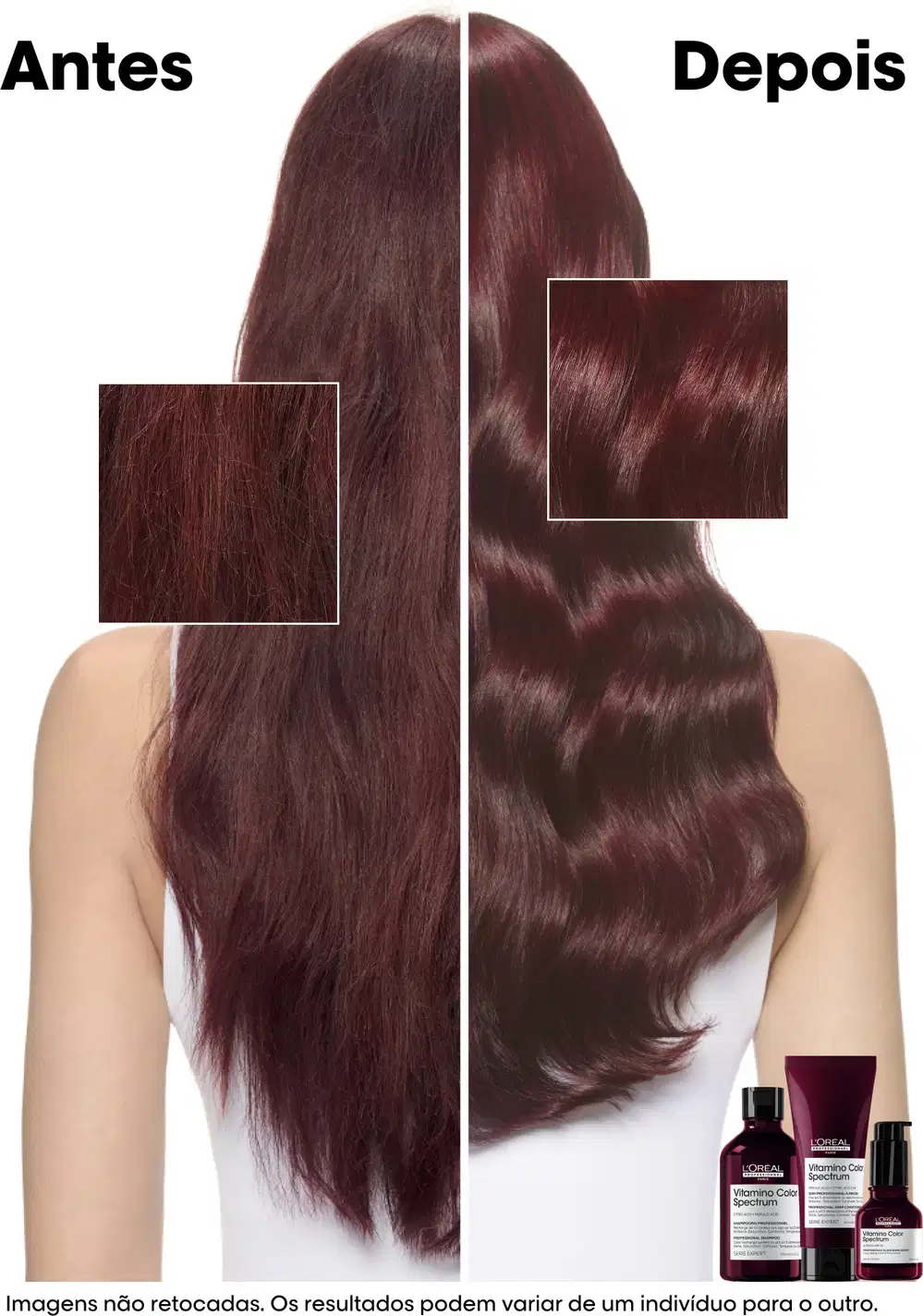 antes e depois do uso dos produtos da linha Vitamino Color Spectrum