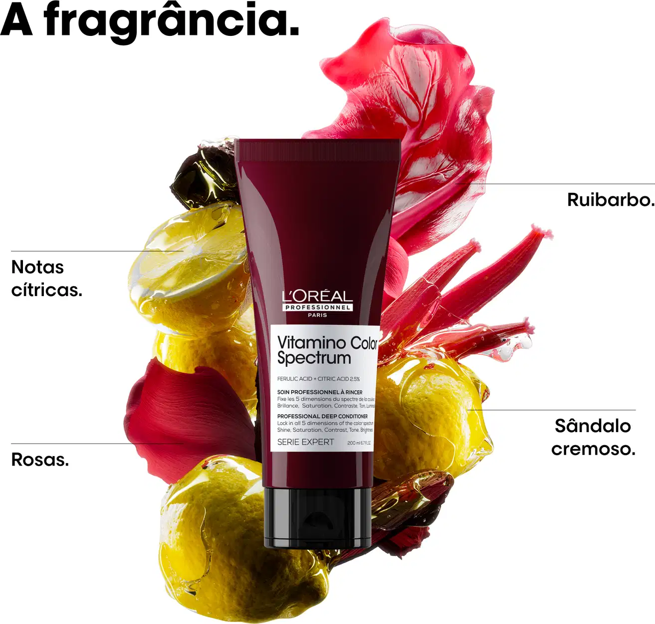O produto apresentado é o condicionador da linha Vitamino Color Spectrum da L'Oréal Professionnel. Destaca os ingredientes da fragrância: notas cítricas, rosas e sândalo cremoso.