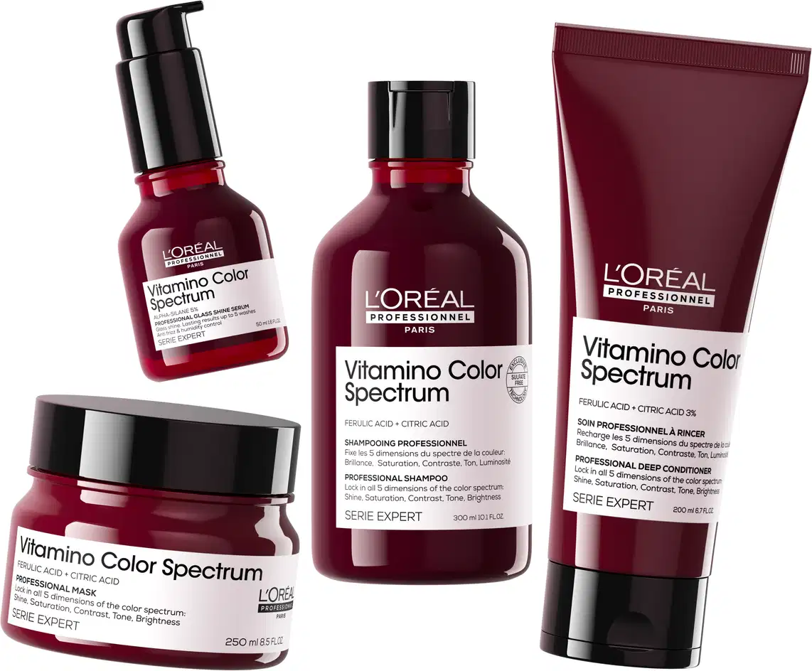 A imagem mostra a linha completa L'Oréal Professionnel Vitamino Color Spectrum com shampoo, condicionador, máscara e sérum