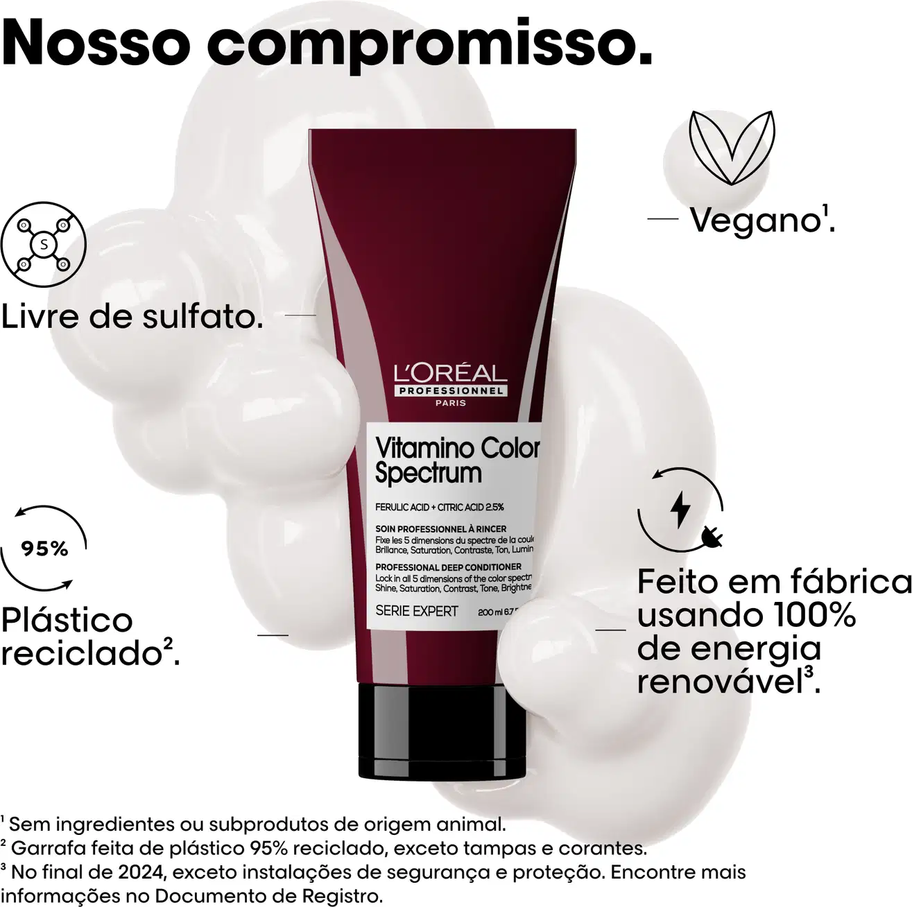 Texto destaca características do produto: livre de sulfato, vegano, utilização de 100% de energia renovável na fabricação e o uso de plástico reciclado